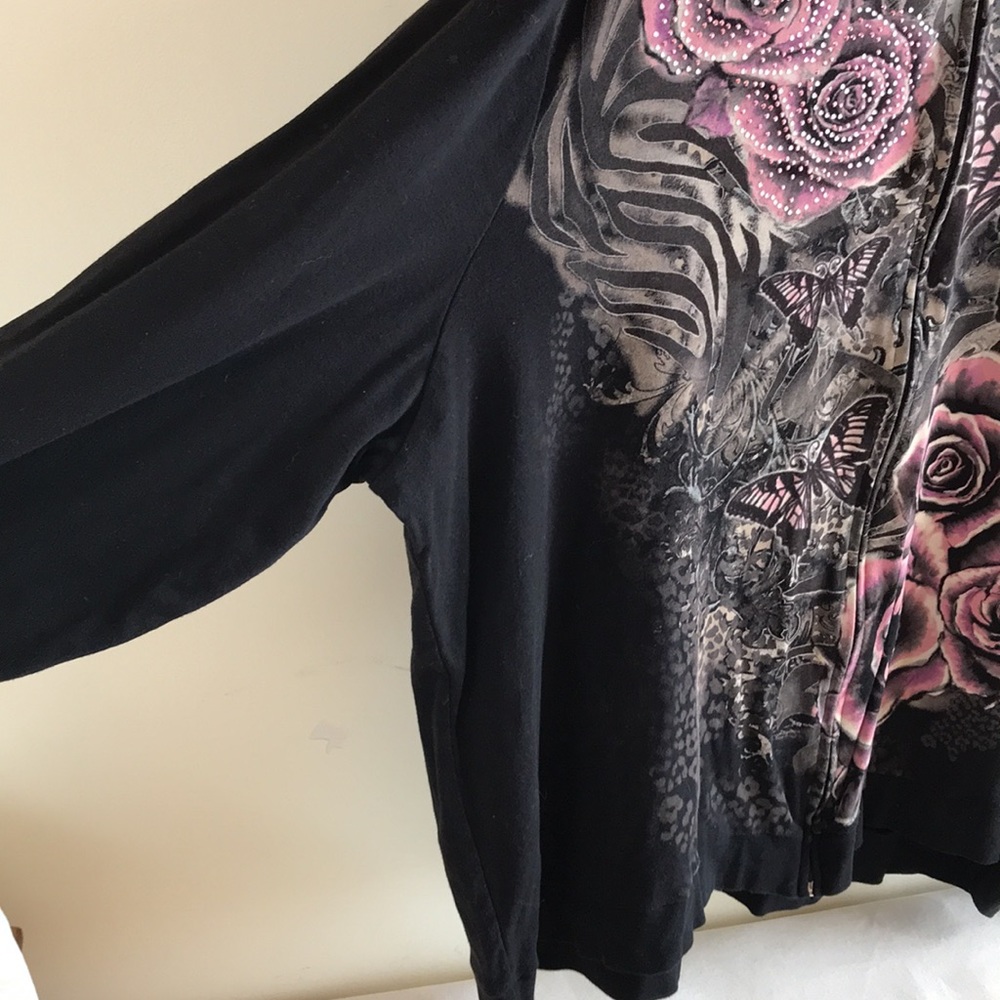 Essentials Sz 4X hoodie zip front Y2K graphic roses Butterflies crystals black - Picture 4 of 14